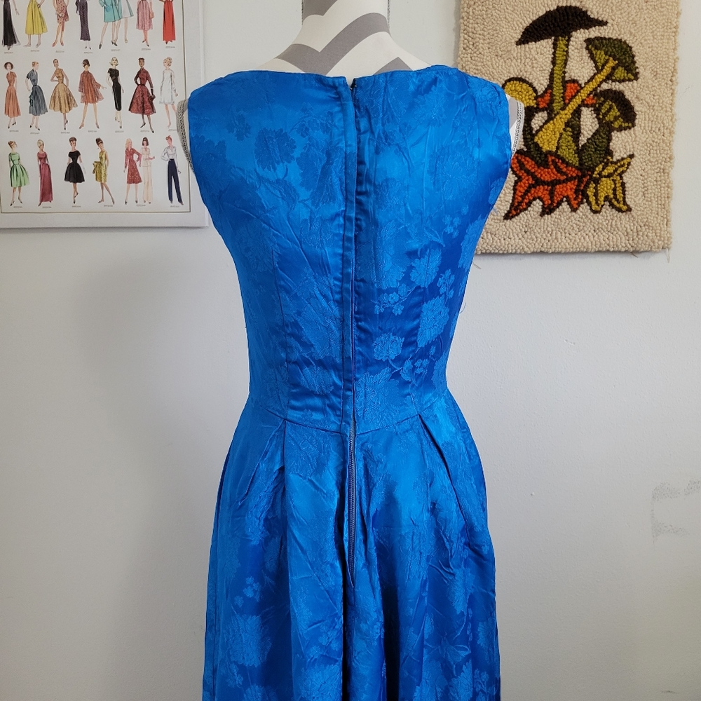 Vintage Blue Floral Satin Formal Dress - Picture 5 of 6